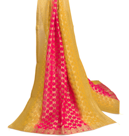 Sushila Vintage Magenta & Yellow Dupatta Georgette Silk Zari Brocade Long Stole