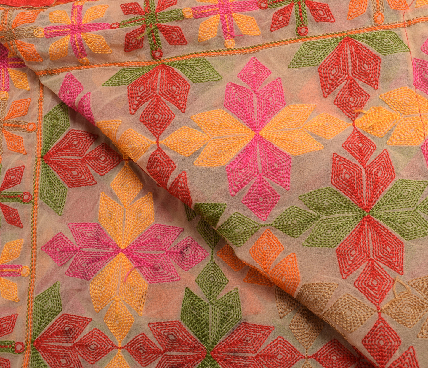 Sushila Vintage Brown Georgette Dupatta Phulkari Embroidered Floral Long Stole