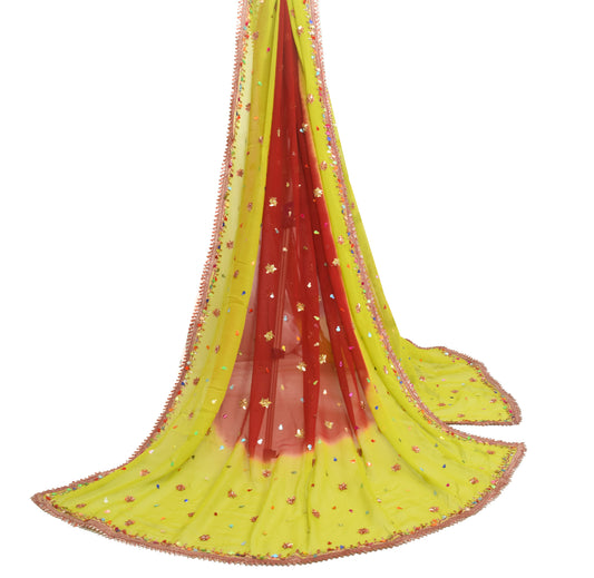 Sushila Vintage Green & Red Dupatta Pure Georgette Silk Hand Beaded Long Stole