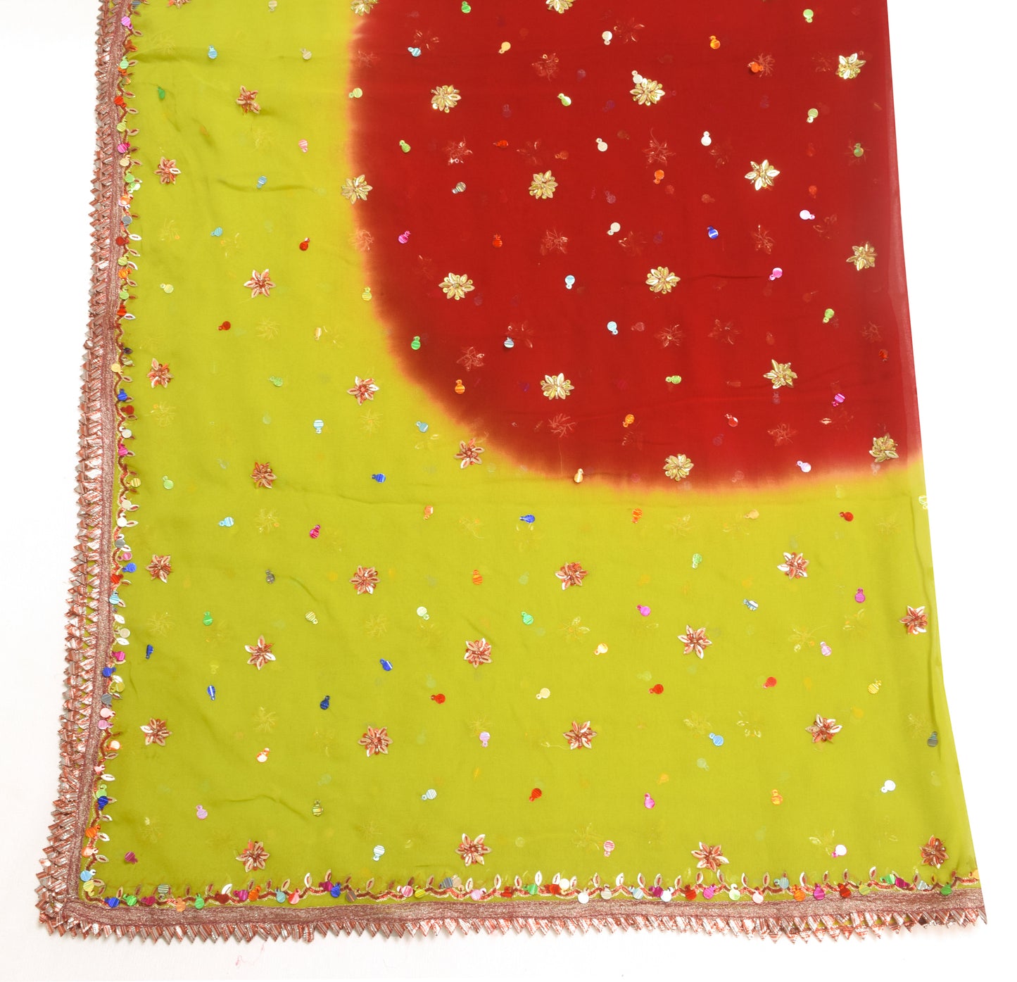 Sushila Vintage Green & Red Dupatta Pure Georgette Silk Hand Beaded Long Stole