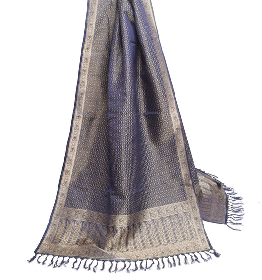 Sushila Vintage Satin Silk Brocade Banarasi Dupatta Floral Blue Long Stole Veil