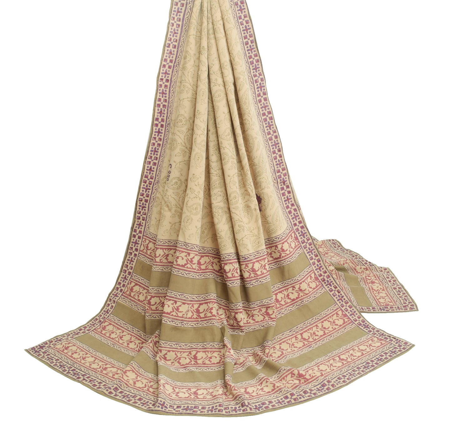 Sushila Vintage Crepe Silk Dupatta Hand Block Printed Paisley Women Long Stole