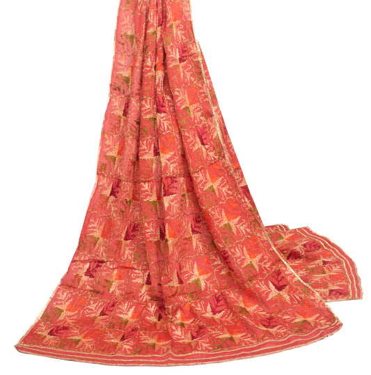 Sushila Vintage Rust Chiffon Dupatta Phulkari Embroidered Traditional Long Stole
