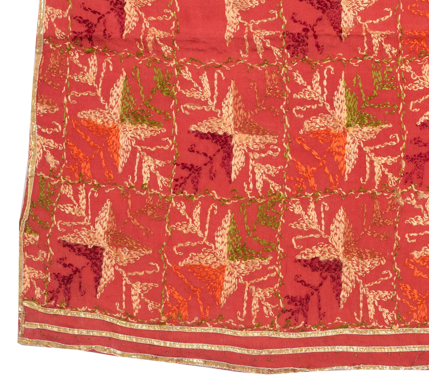 Sushila Vintage Rust Chiffon Dupatta Phulkari Embroidered Traditional Long Stole