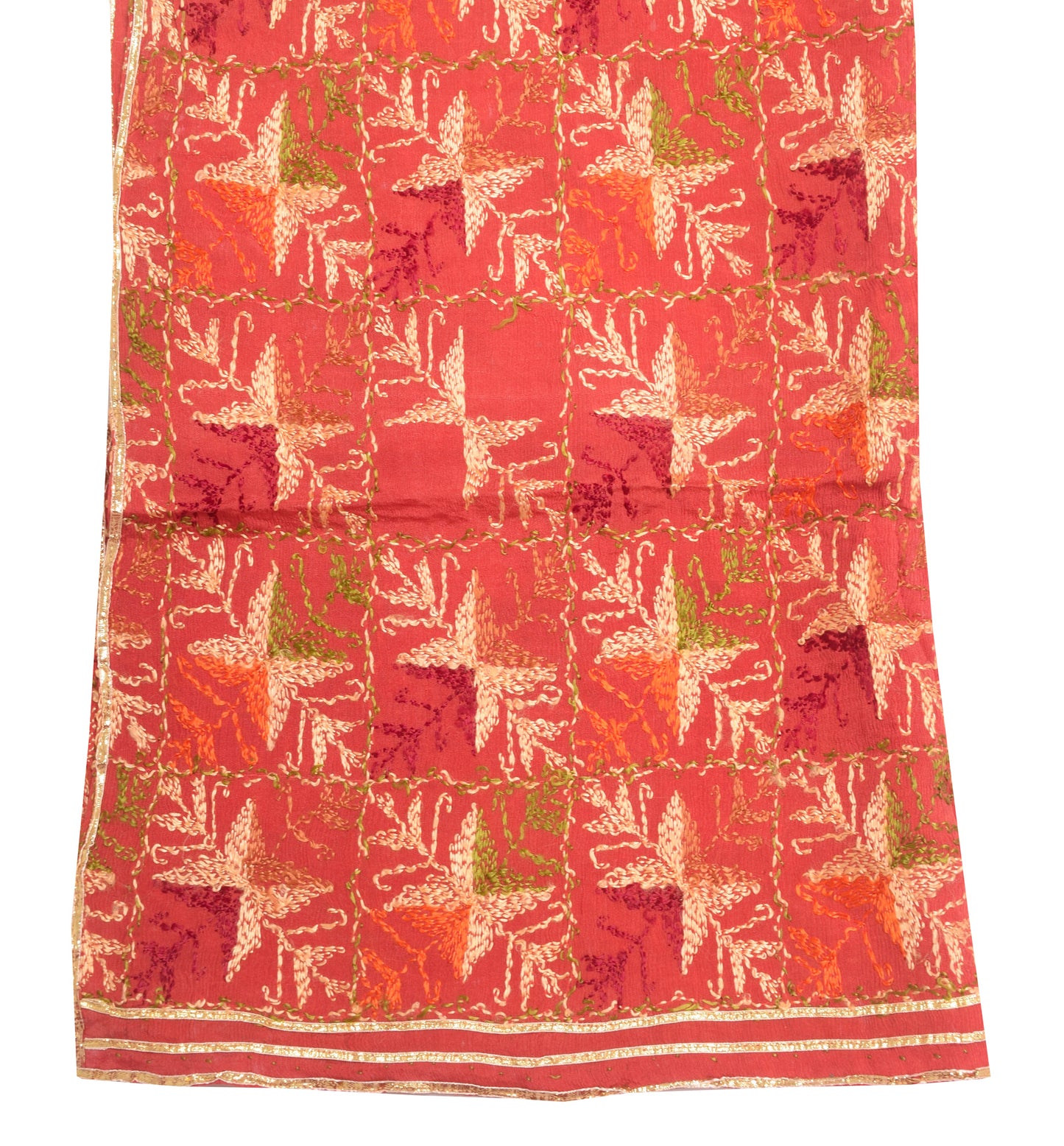 Sushila Vintage Rust Chiffon Dupatta Phulkari Embroidered Traditional Long Stole