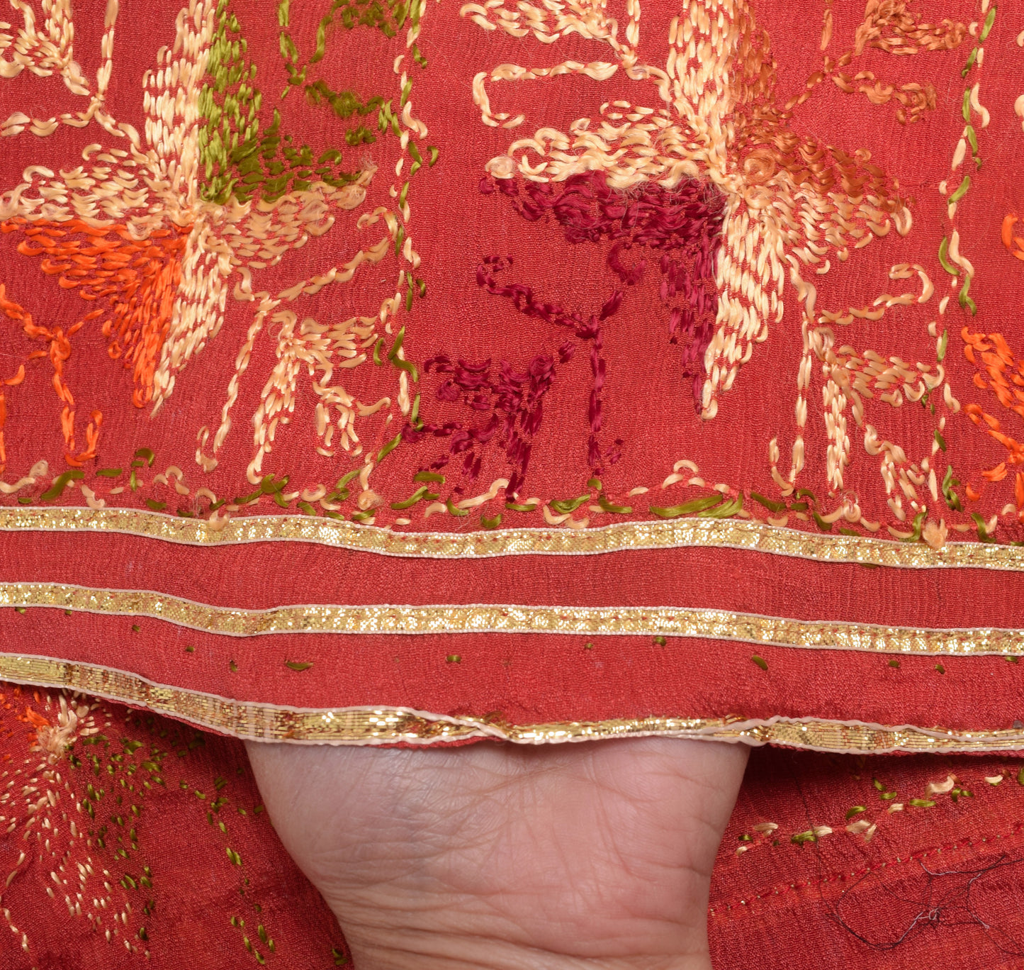 Sushila Vintage Rust Chiffon Dupatta Phulkari Embroidered Traditional Long Stole