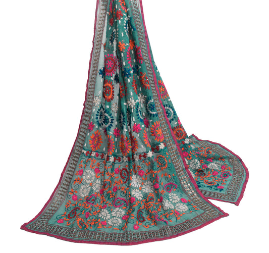 Sushila Vintage Teal Green Cotton Dupatta Hand Embroidered Floral Long Stole