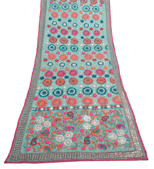 Sushila Vintage Teal Green Cotton Dupatta Hand Embroidered Floral Long Stole
