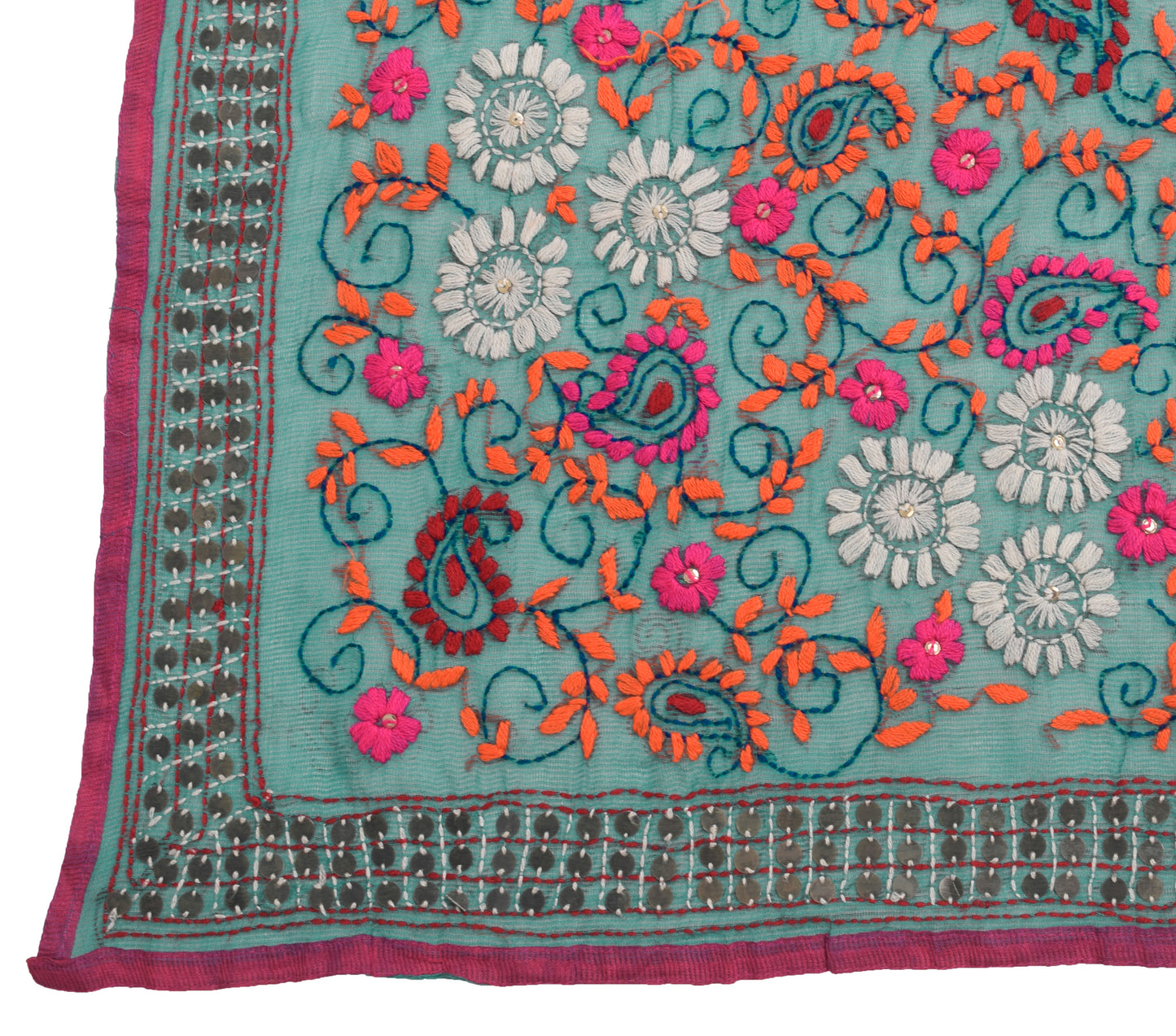 Sushila Vintage Teal Green Cotton Dupatta Hand Embroidered Floral Long Stole