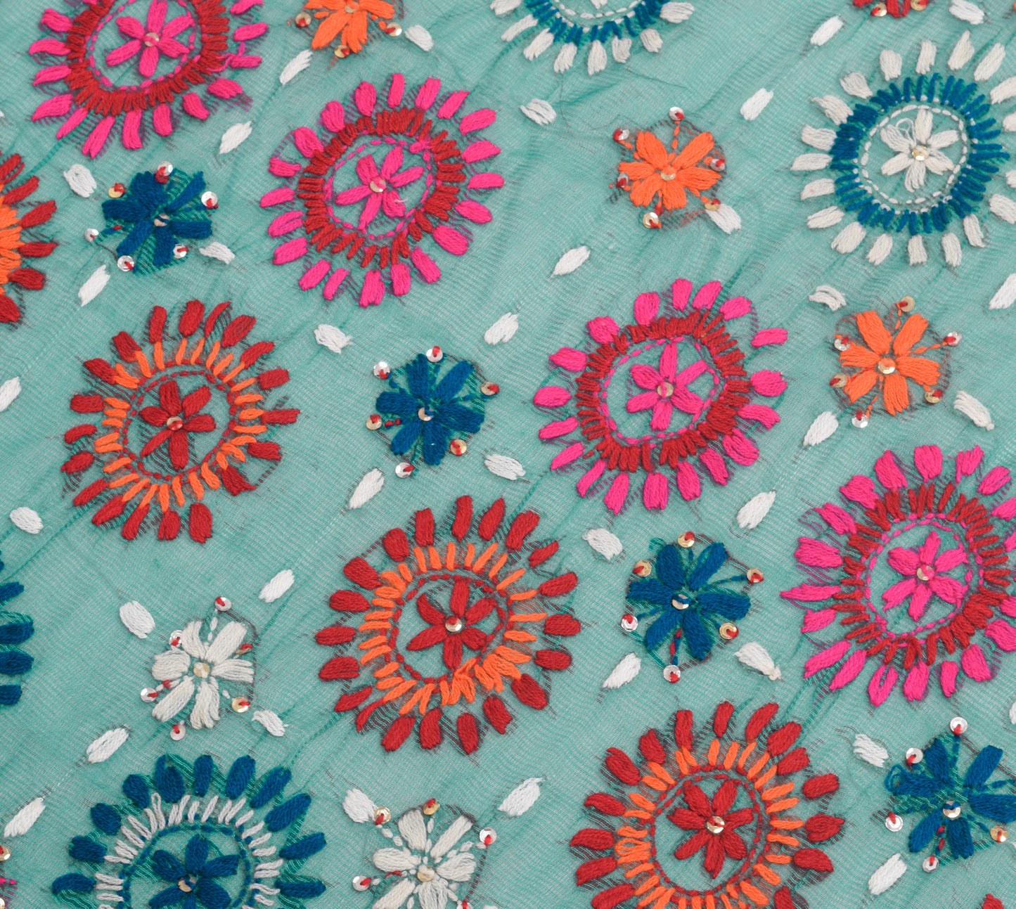 Sushila Vintage Teal Green Cotton Dupatta Hand Embroidered Floral Long Stole