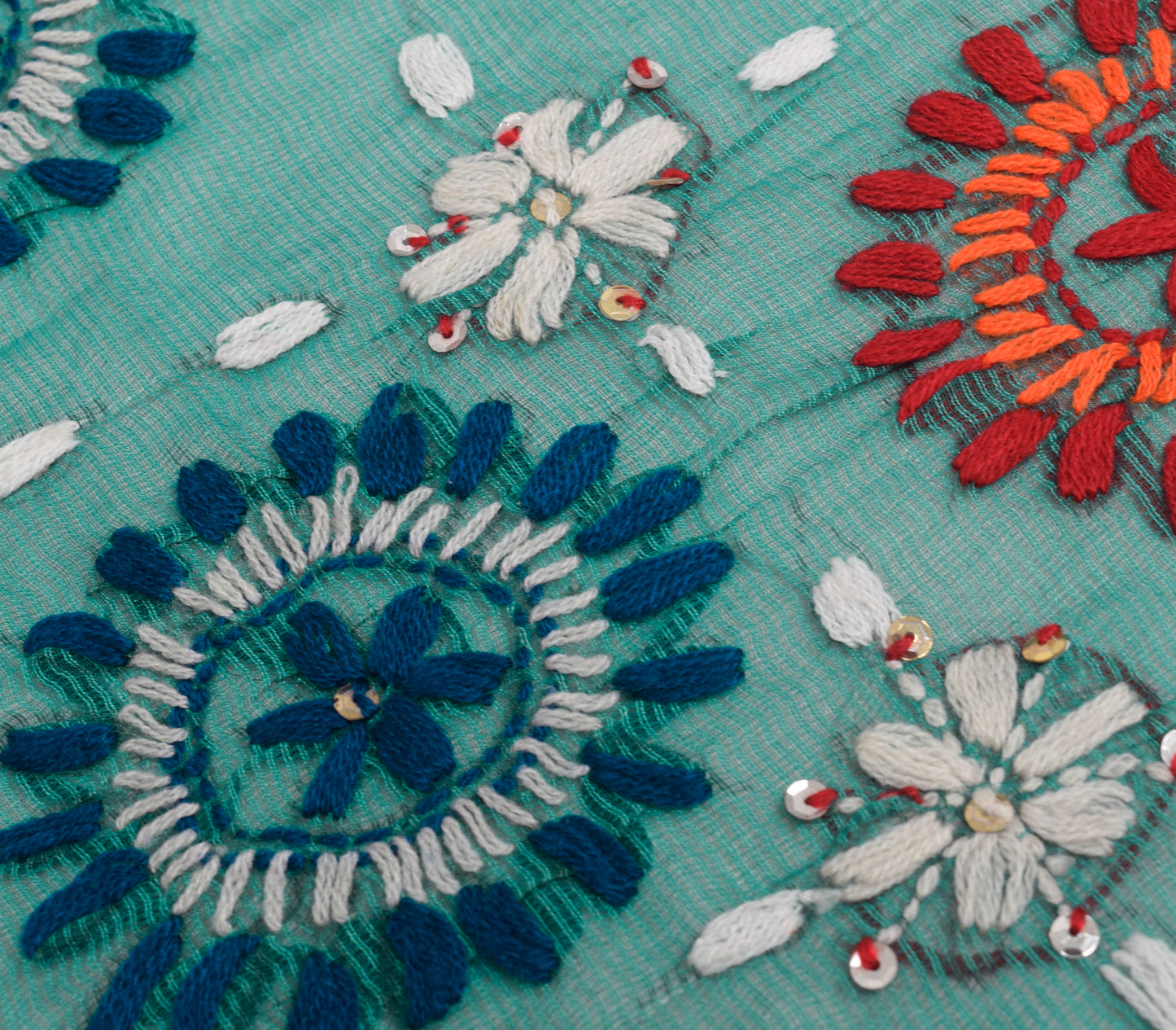Sushila Vintage Teal Green Cotton Dupatta Hand Embroidered Floral Long Stole