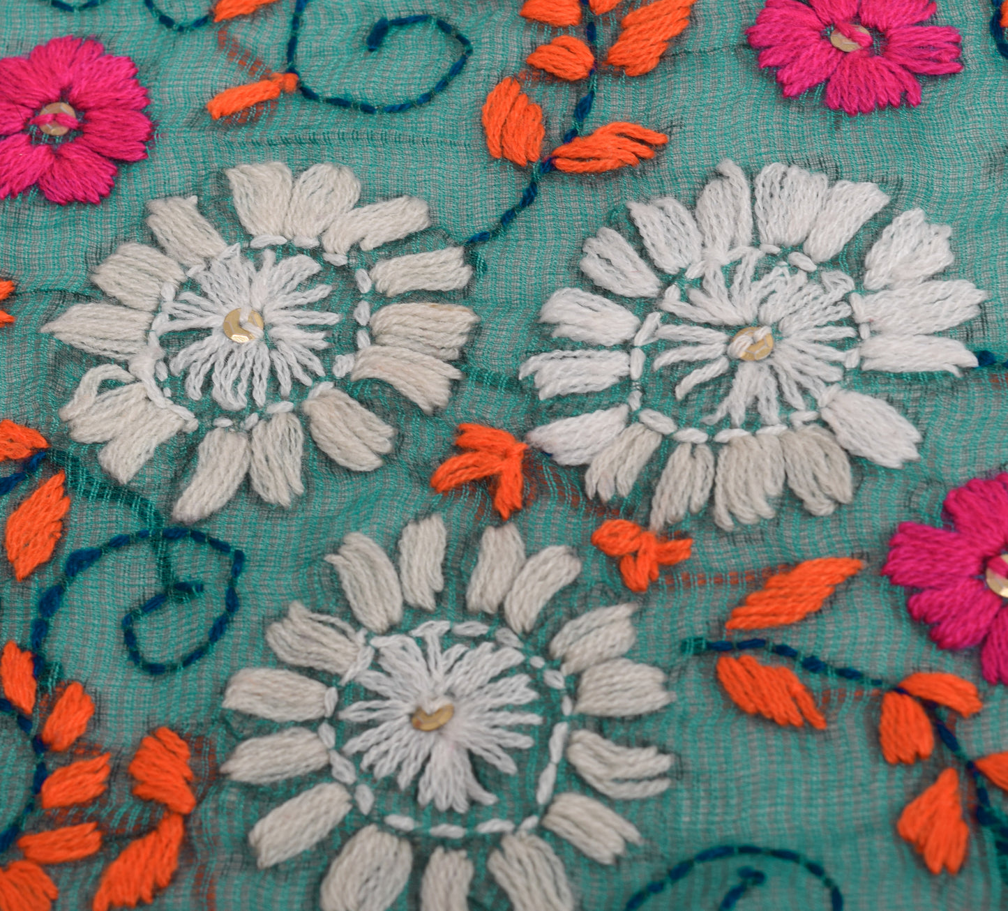 Sushila Vintage Teal Green Cotton Dupatta Hand Embroidered Floral Long Stole