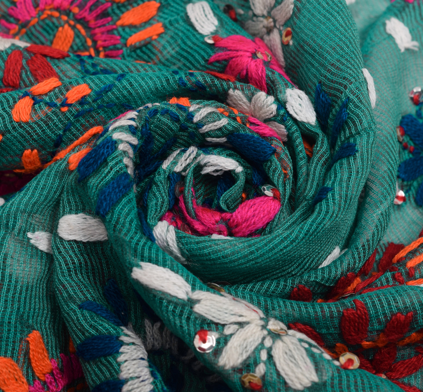 Sushila Vintage Teal Green Cotton Dupatta Hand Embroidered Floral Long Stole