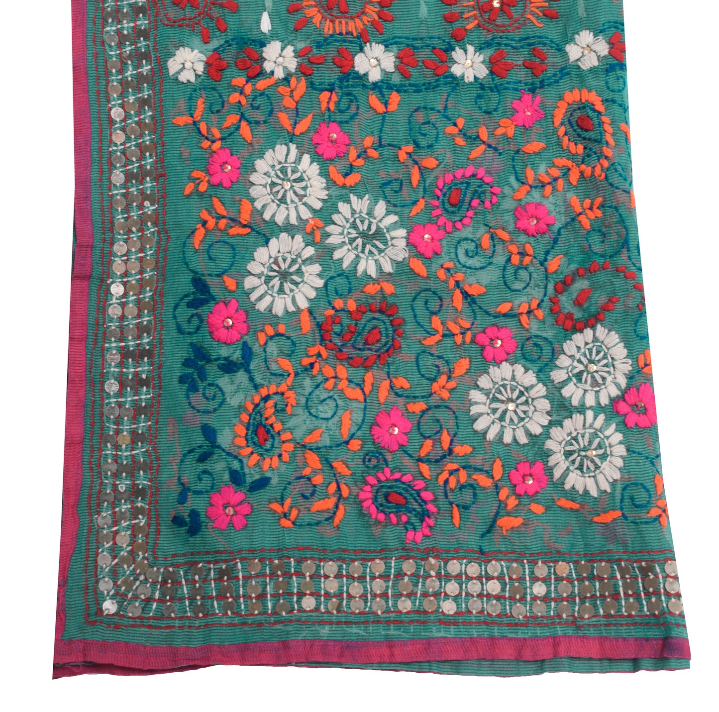 Sushila Vintage Teal Green Cotton Dupatta Hand Embroidered Floral Long Stole