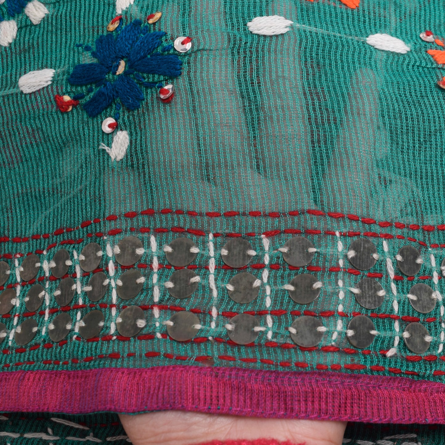 Sushila Vintage Teal Green Cotton Dupatta Hand Embroidered Floral Long Stole