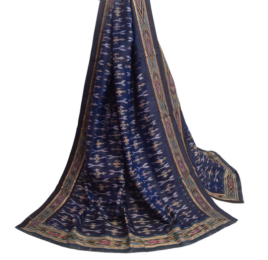 Sushila Vintage Dark Blue Pure Silk Dupatta Hand Woven Ikkat Patola Long Stole