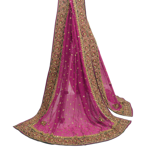 Vintage Purple Heavy Dupatta Georgette Silk Glass Beads Embellish Long Stole