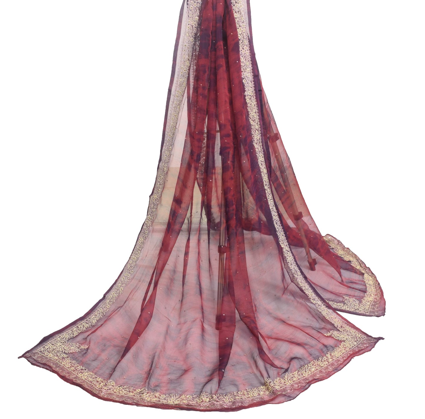 Sushila Vintage Maroon Tie-Dye Chiffon Silk Dupatta Hand Beaded Long Stole Wrap