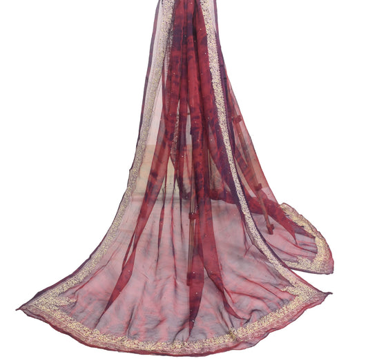 Sushila Vintage Maroon Tie-Dye Chiffon Silk Dupatta Hand Beaded Long Stole Wrap