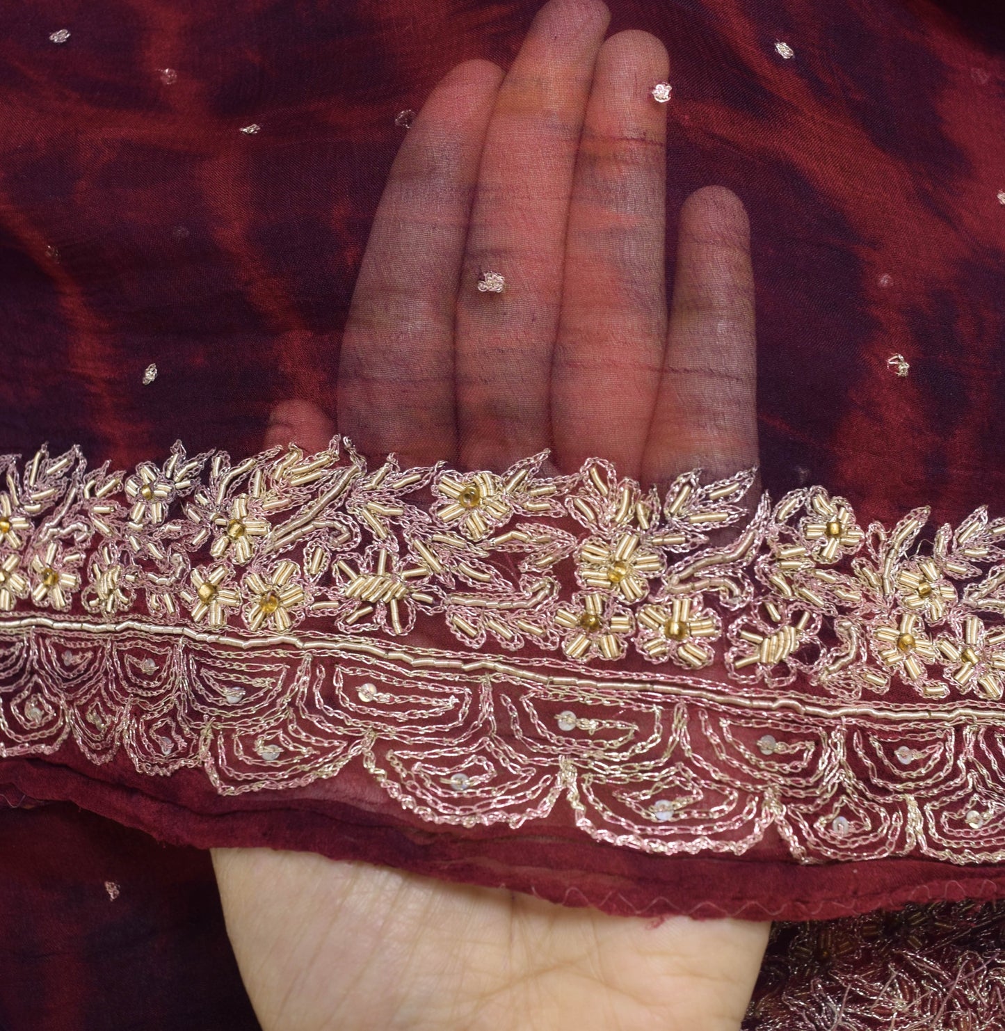 Sushila Vintage Maroon Tie-Dye Chiffon Silk Dupatta Hand Beaded Long Stole Wrap