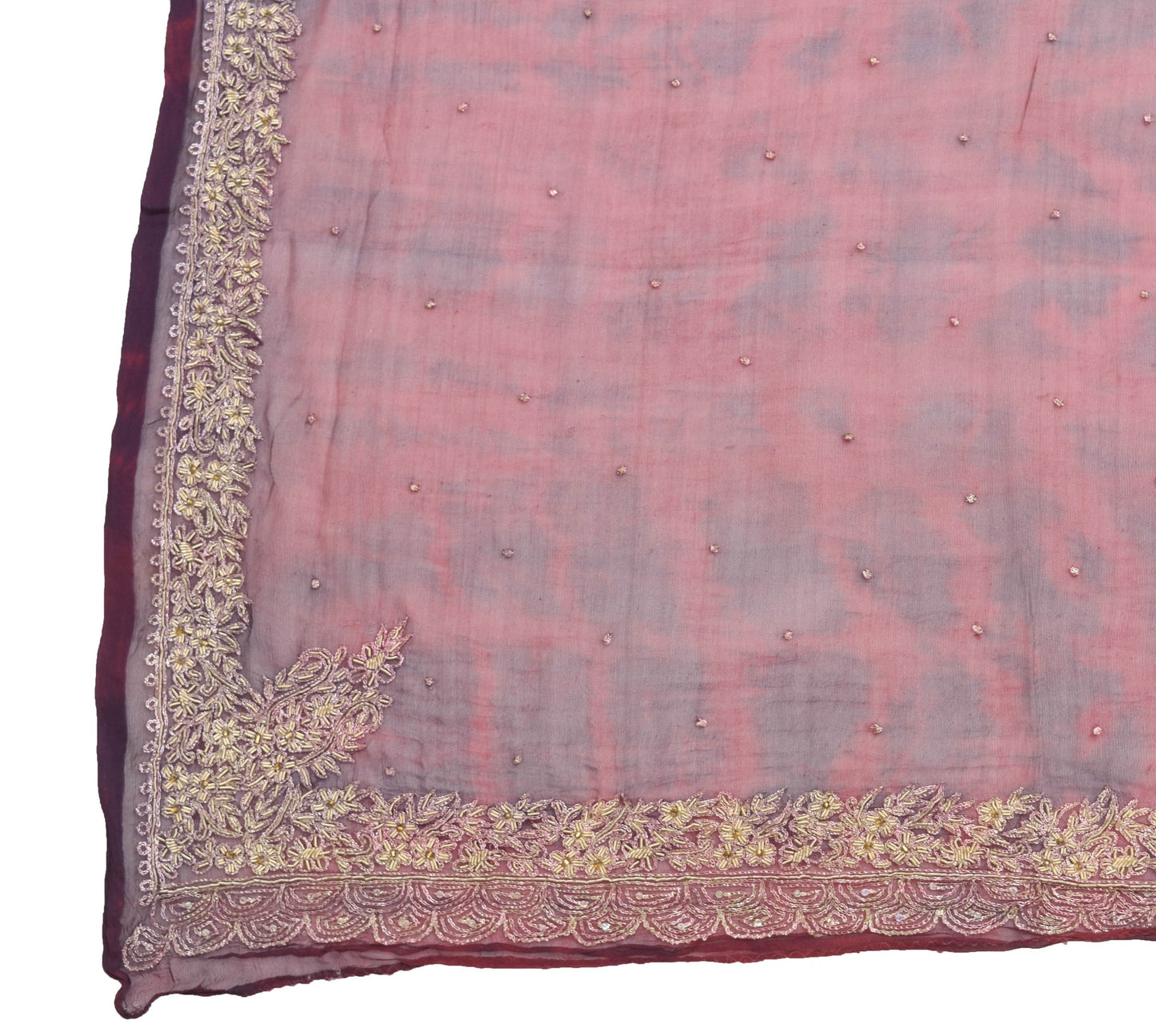 Sushila Vintage Maroon Tie-Dye Chiffon Silk Dupatta Hand Beaded Long Stole Wrap