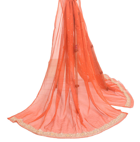 Sushila Vintage Rust Dupatta Chiffon Silk Hand Beaded Zari Work Long Stole Veil