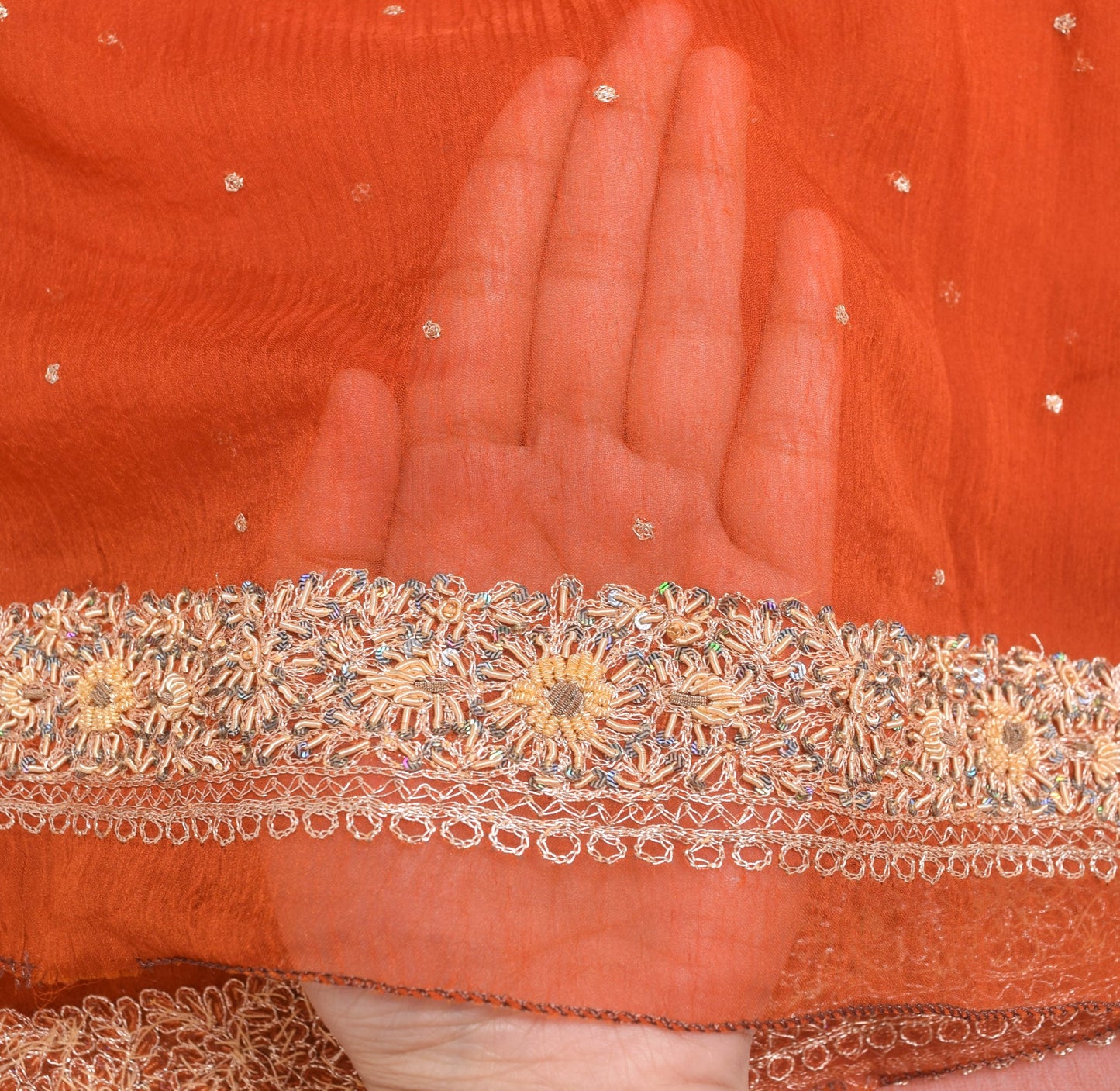 Sushila Vintage Rust Dupatta Chiffon Silk Hand Beaded Zari Work Long Stole Veil