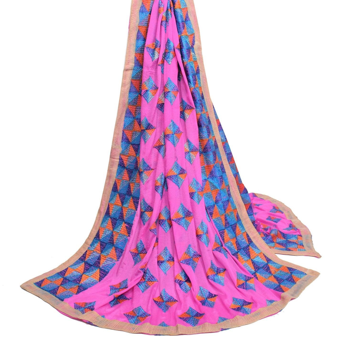 Sushila Vintage Pink Phulkari Dupatta 100% Pure Chiffon Silk Long Stole Wrap
