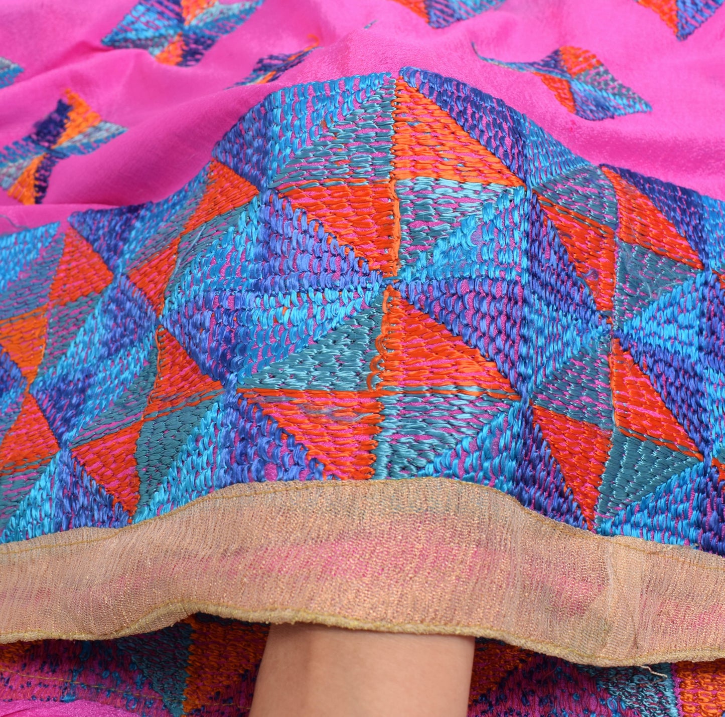 Sushila Vintage Pink Phulkari Dupatta 100% Pure Chiffon Silk Long Stole Wrap