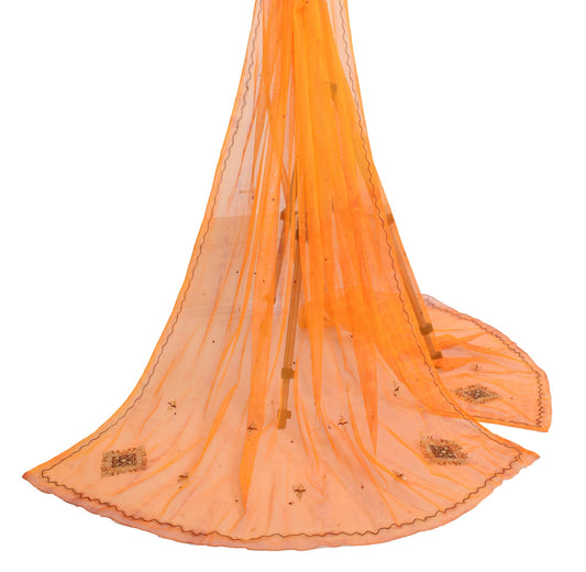 Sushila Vintage Orange Net Mesh Dupatta Zari Embroidered Traditional Long Stole