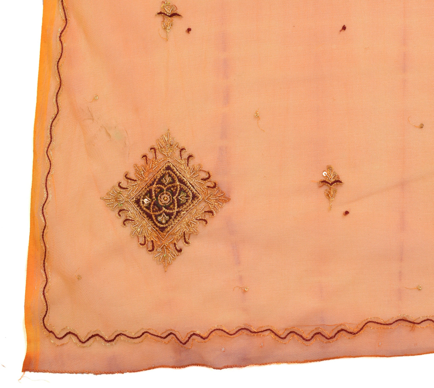 Sushila Vintage Orange Net Mesh Dupatta Zari Embroidered Traditional Long Stole