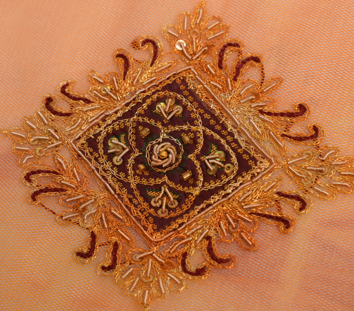 Sushila Vintage Orange Net Mesh Dupatta Zari Embroidered Traditional Long Stole