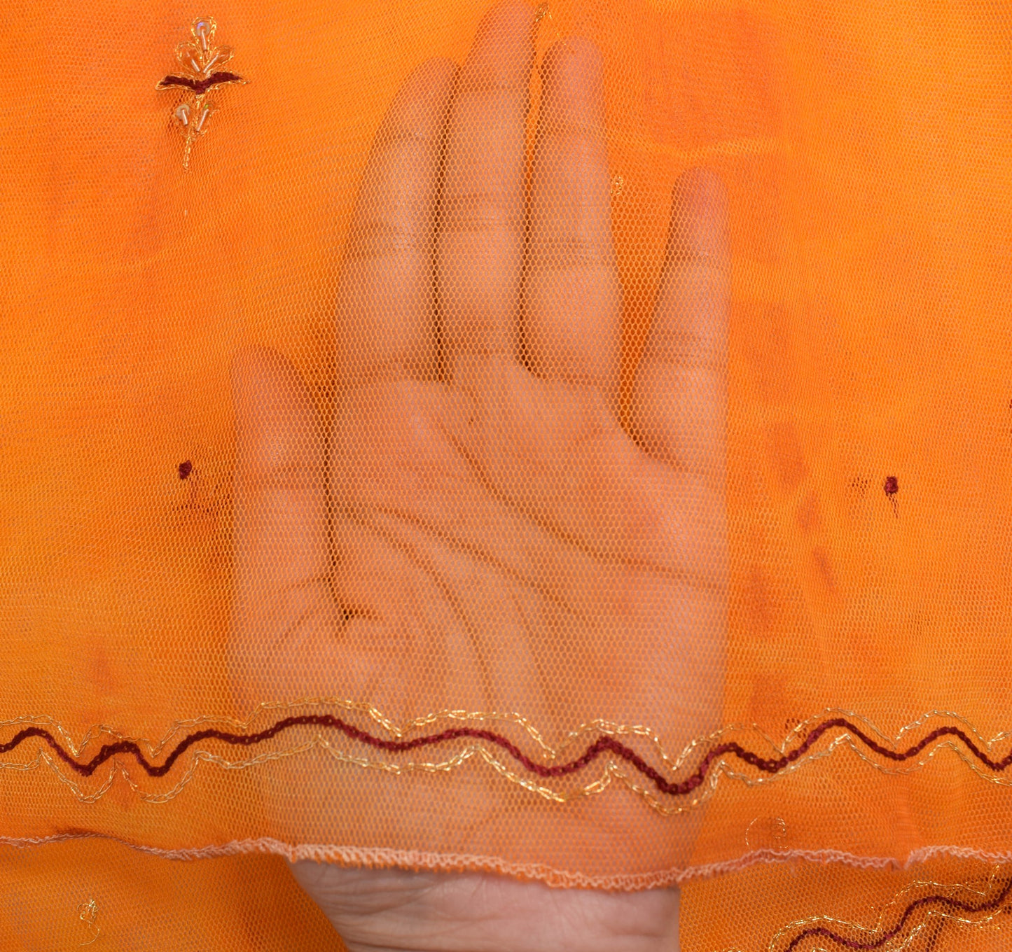 Sushila Vintage Orange Net Mesh Dupatta Zari Embroidered Traditional Long Stole