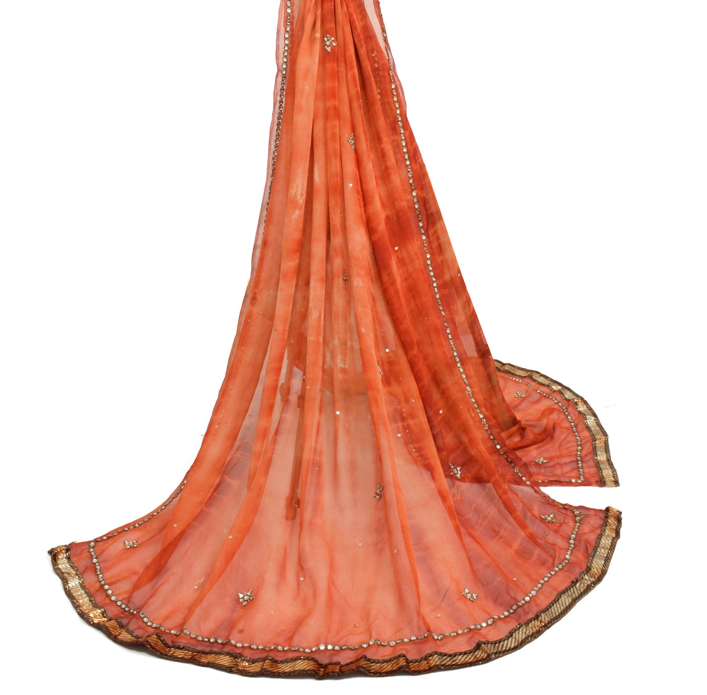 Sushila Vintage TieDye Rust Dupatta Georgette Silk Hand Beaded Floral Long Stole