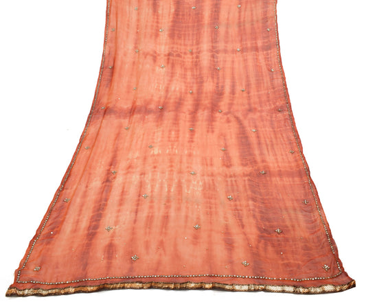 Sushila Vintage TieDye Rust Dupatta Georgette Silk Hand Beaded Floral Long Stole