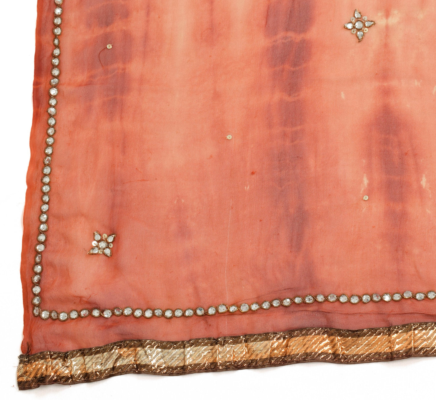 Sushila Vintage TieDye Rust Dupatta Georgette Silk Hand Beaded Floral Long Stole