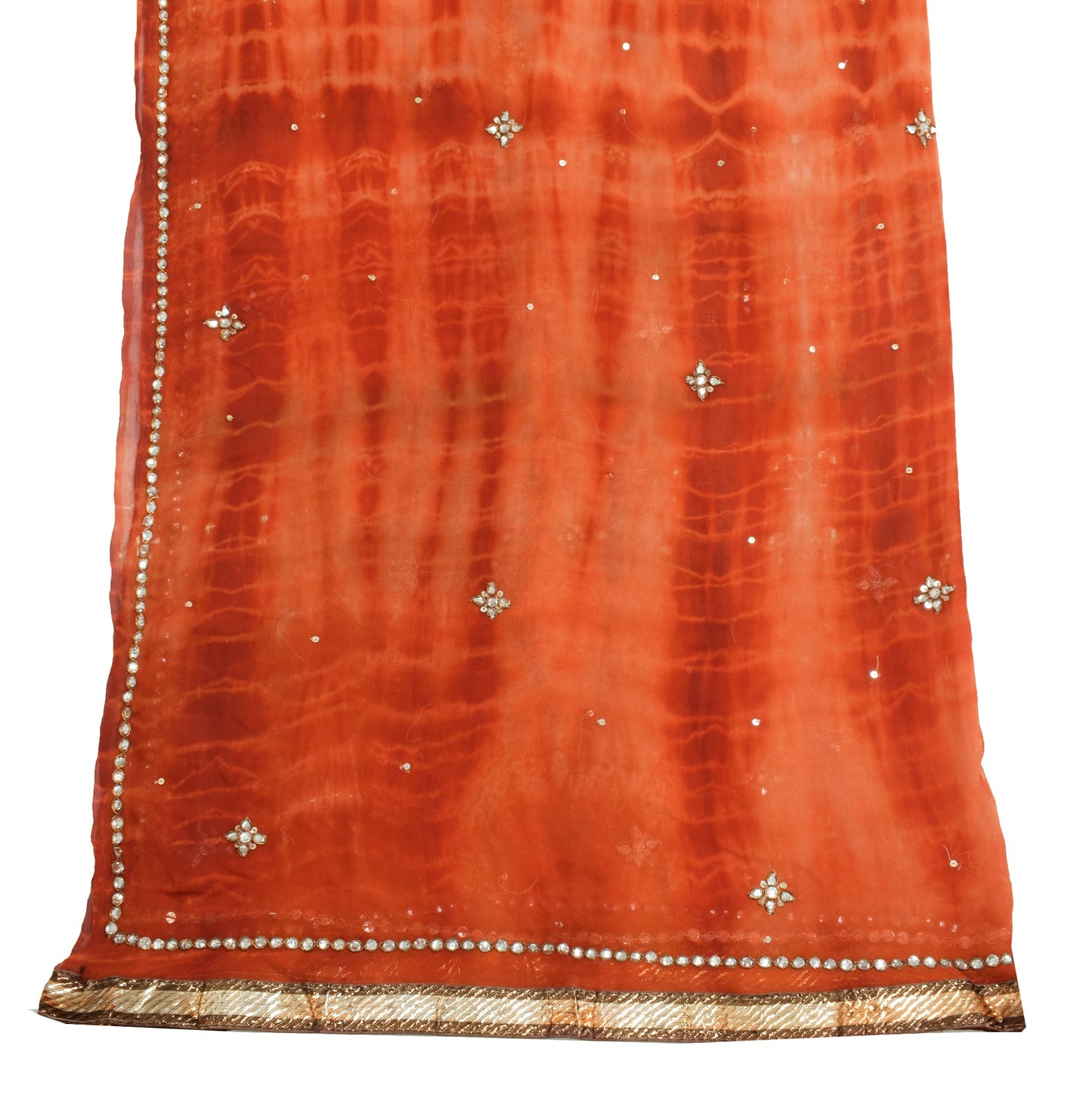 Sushila Vintage TieDye Rust Dupatta Georgette Silk Hand Beaded Floral Long Stole