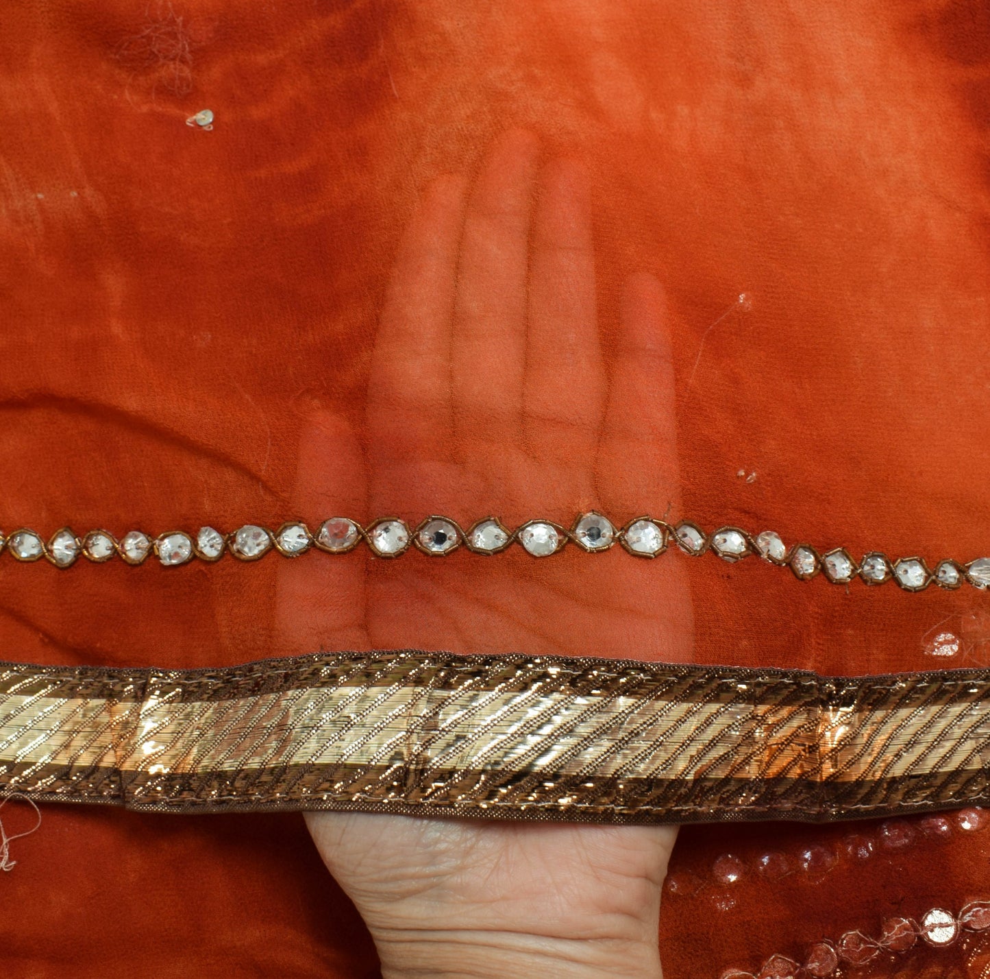 Sushila Vintage TieDye Rust Dupatta Georgette Silk Hand Beaded Floral Long Stole