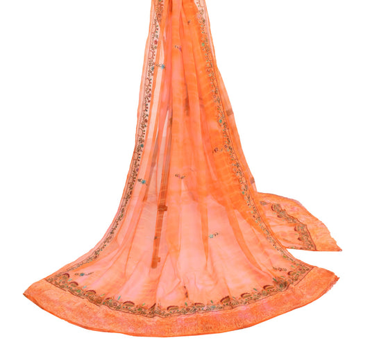 Sushila Vintage Orange Embroidered Dupatta Pure Chiffon Tie-Dye Floral Long Veil