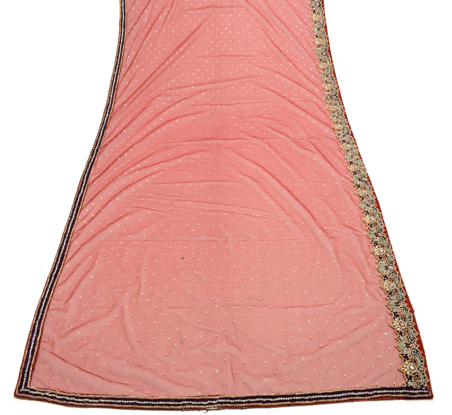 Sushila Vintage Red Net Mesh Bridal Dupatta Hand Beaded Zardozi Work Long Stole