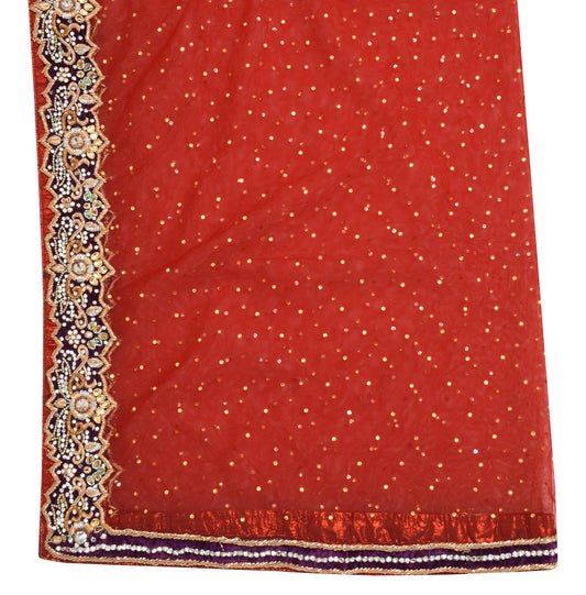 Sushila Vintage Red Net Mesh Bridal Dupatta Hand Beaded Zardozi Work Long Stole