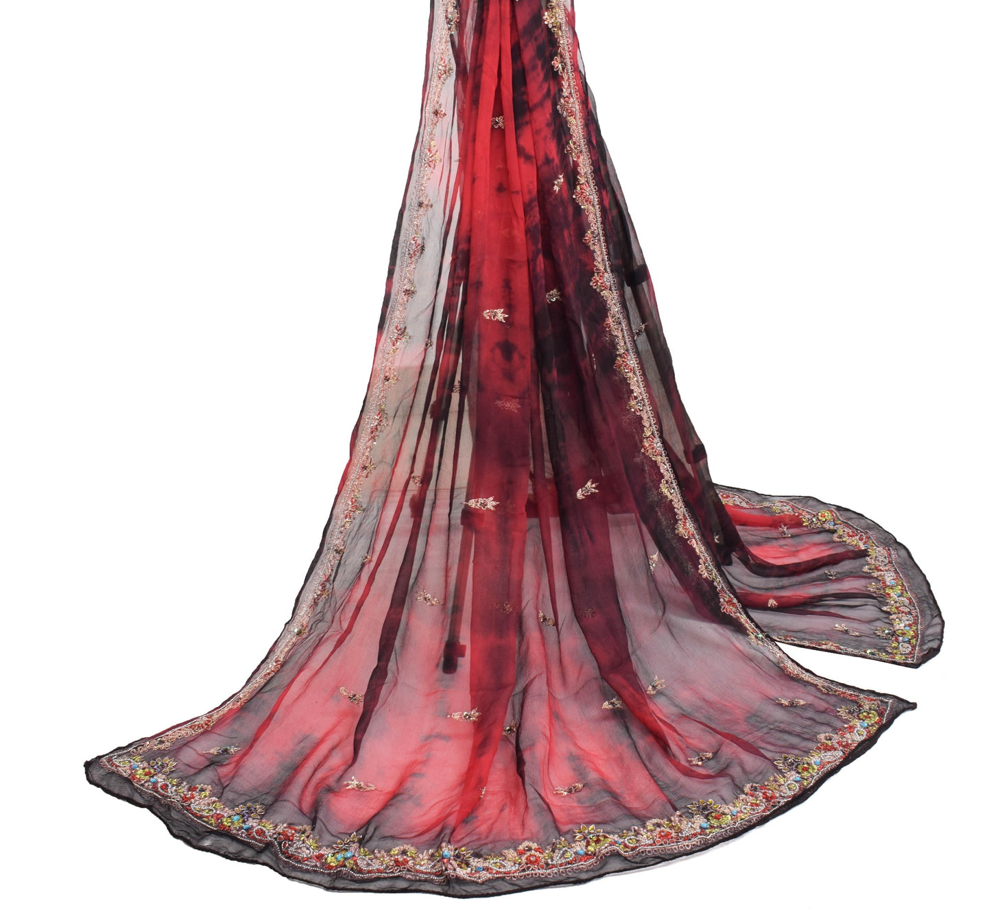 Sushila Vintage Red & Black Tie-Dye Dupatta Hand Beaded Chiffon Silk Long Stole