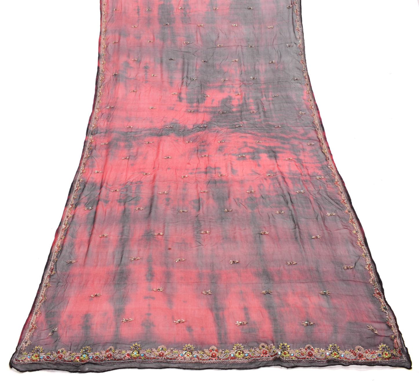 Sushila Vintage Red & Black Tie-Dye Dupatta Hand Beaded Chiffon Silk Long Stole