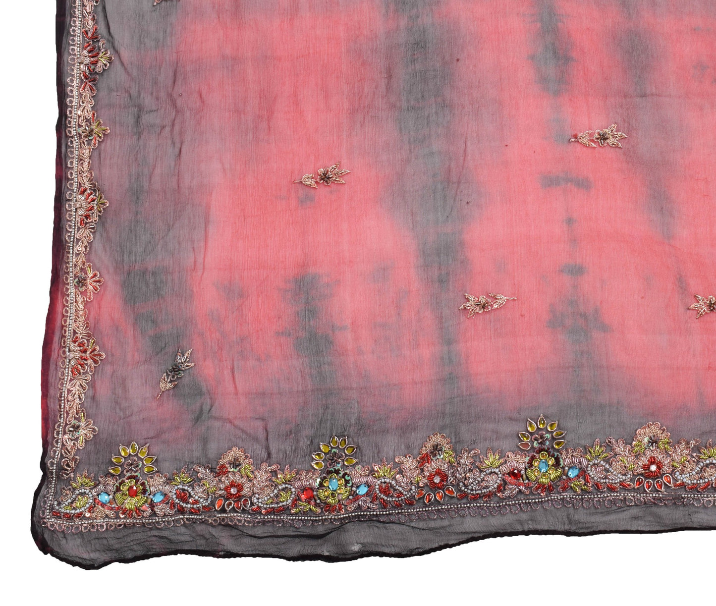 Sushila Vintage Red & Black Tie-Dye Dupatta Hand Beaded Chiffon Silk Long Stole
