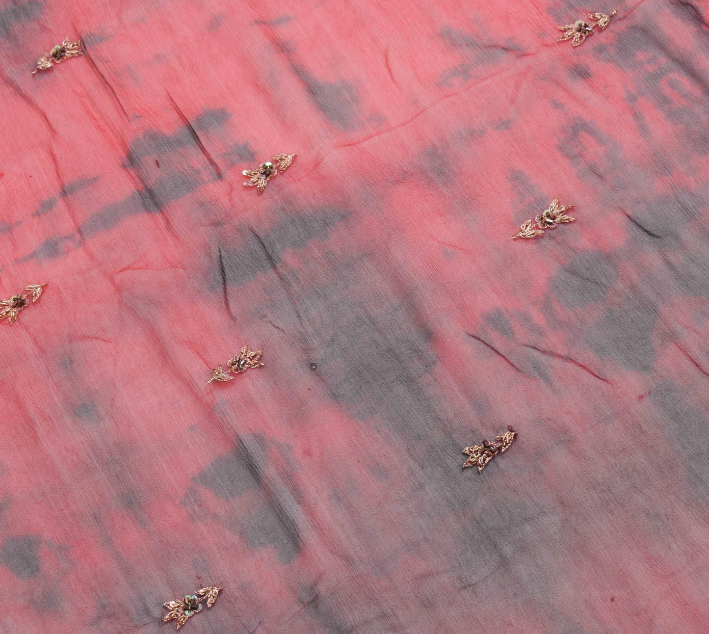 Sushila Vintage Red & Black Tie-Dye Dupatta Hand Beaded Chiffon Silk Long Stole