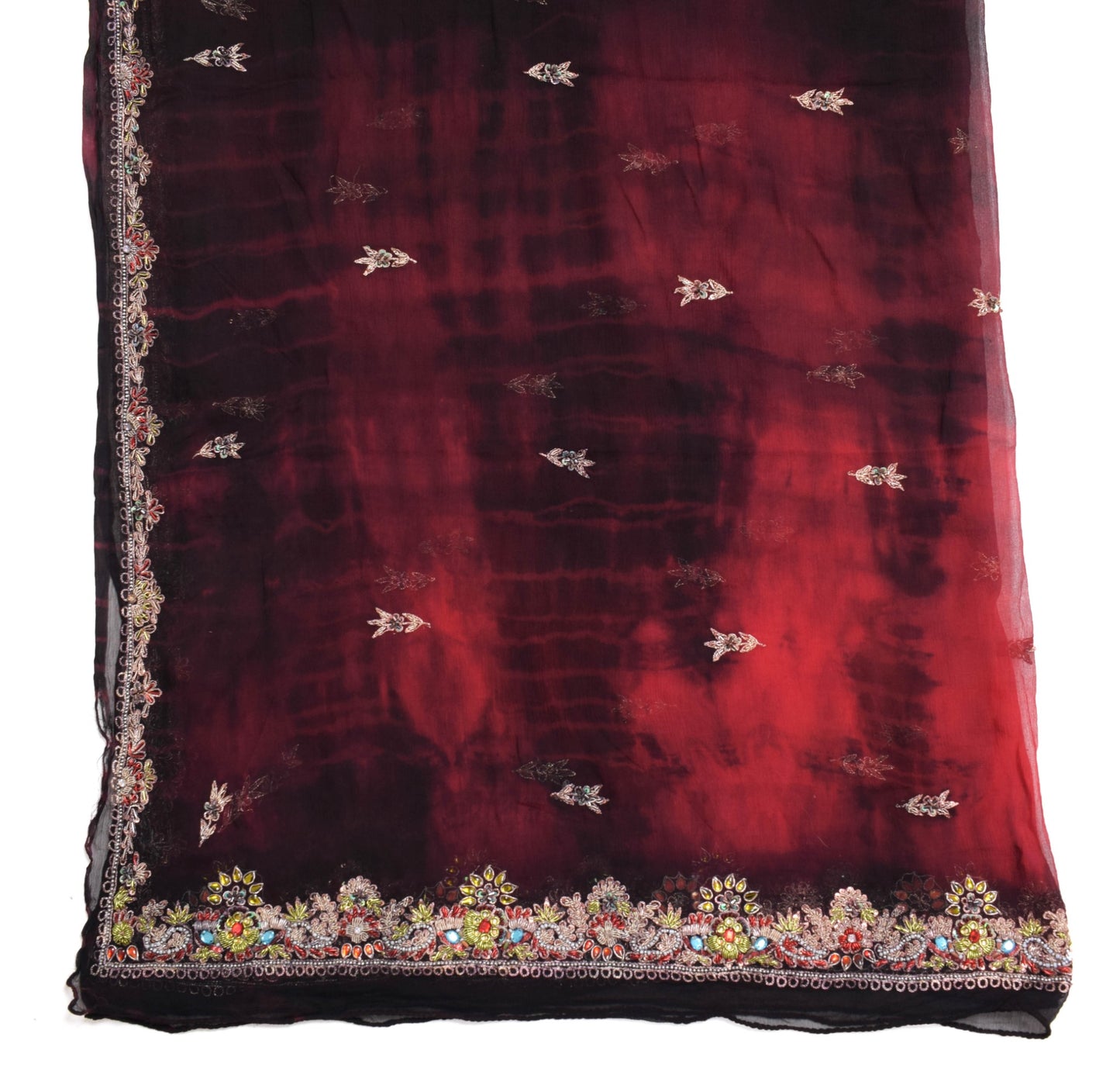 Sushila Vintage Red & Black Tie-Dye Dupatta Hand Beaded Chiffon Silk Long Stole