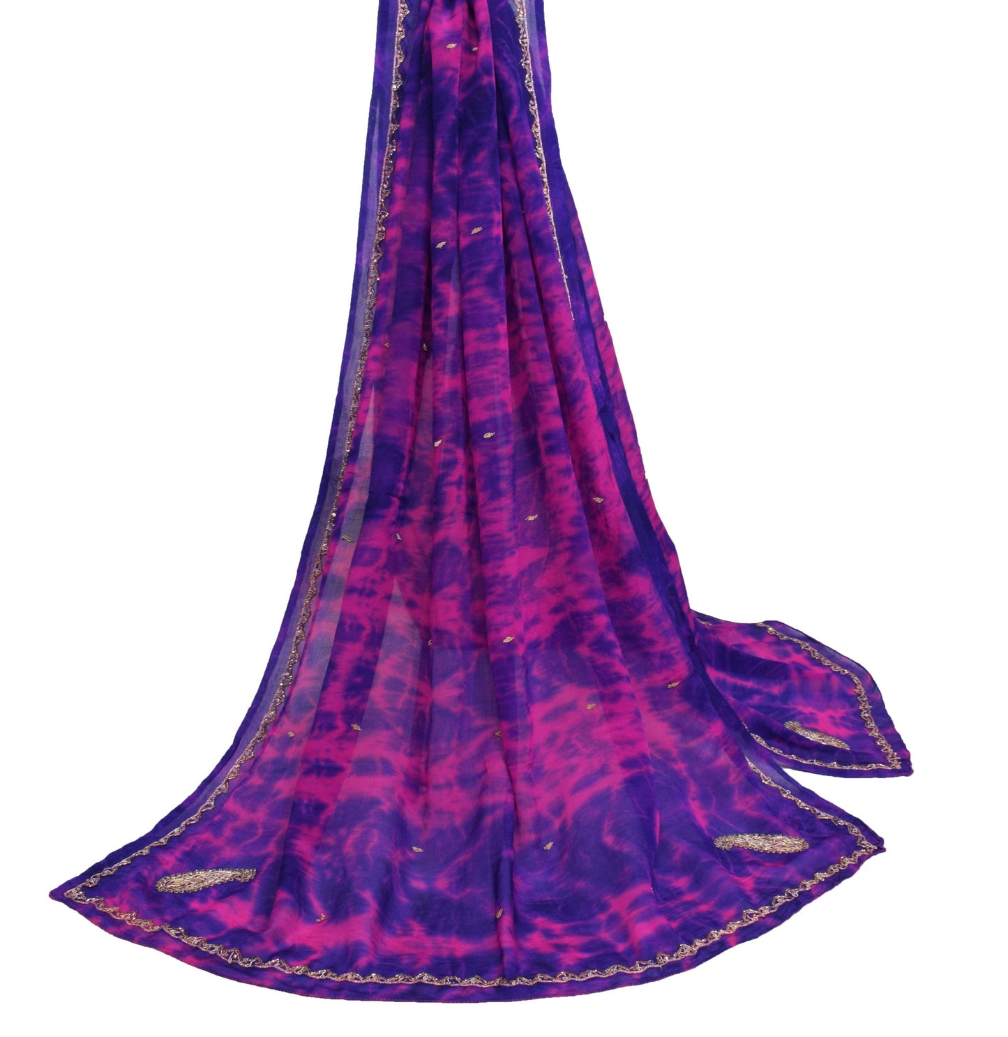 Sushila Vintage Magenta Purple Tie-Dye Dupatta Chiffon Silk Hand Work Long Stole