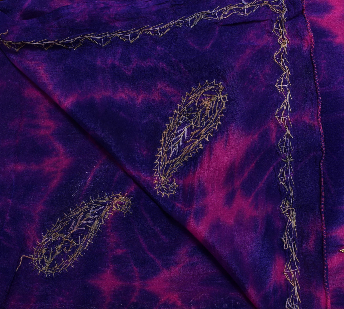 Sushila Vintage Magenta Purple Tie-Dye Dupatta Chiffon Silk Hand Work Long Stole