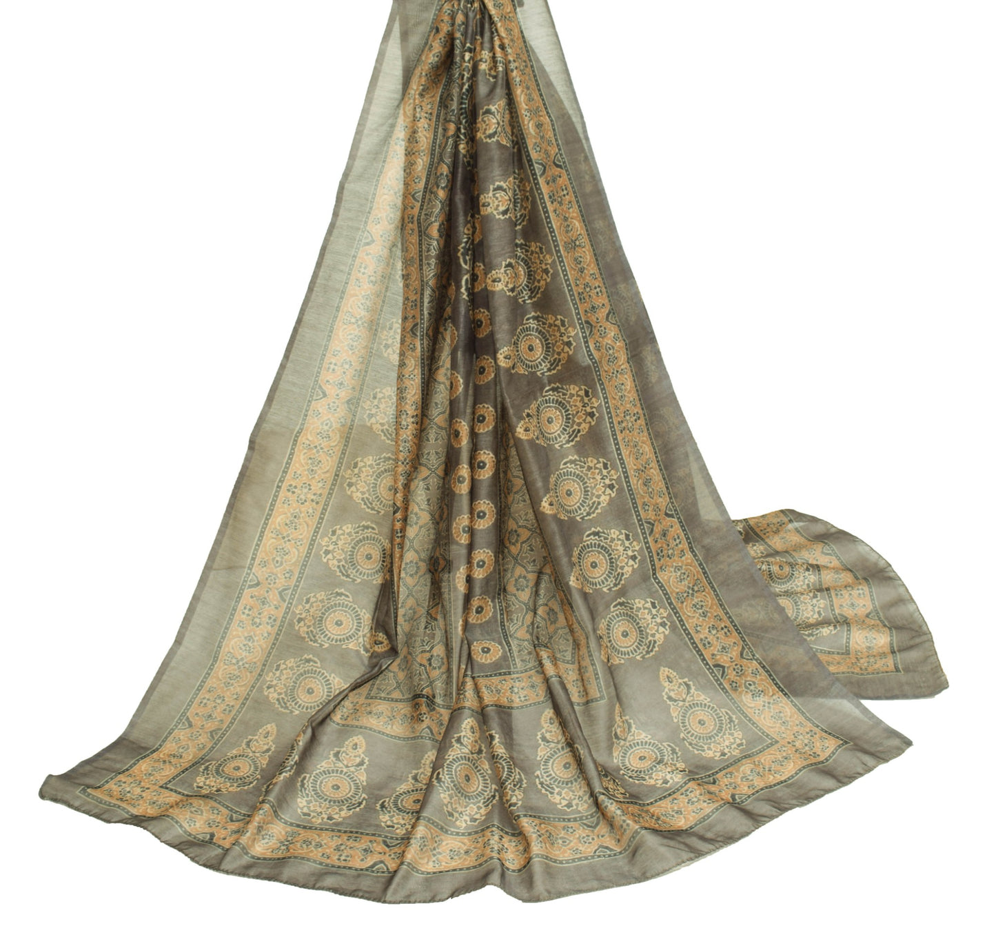 Sushila Vintage Gray Hand Block Printed Dupatta Silk Party Wear Long Stole Wrap