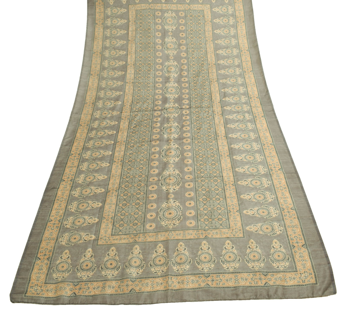 Sushila Vintage Gray Hand Block Printed Dupatta Silk Party Wear Long Stole Wrap